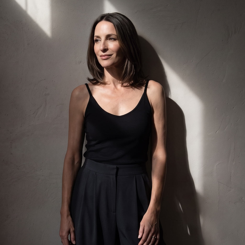 Woman in a black ribbed built-in bra camisole and black pleated pants, standing in front of a wall in soft window light