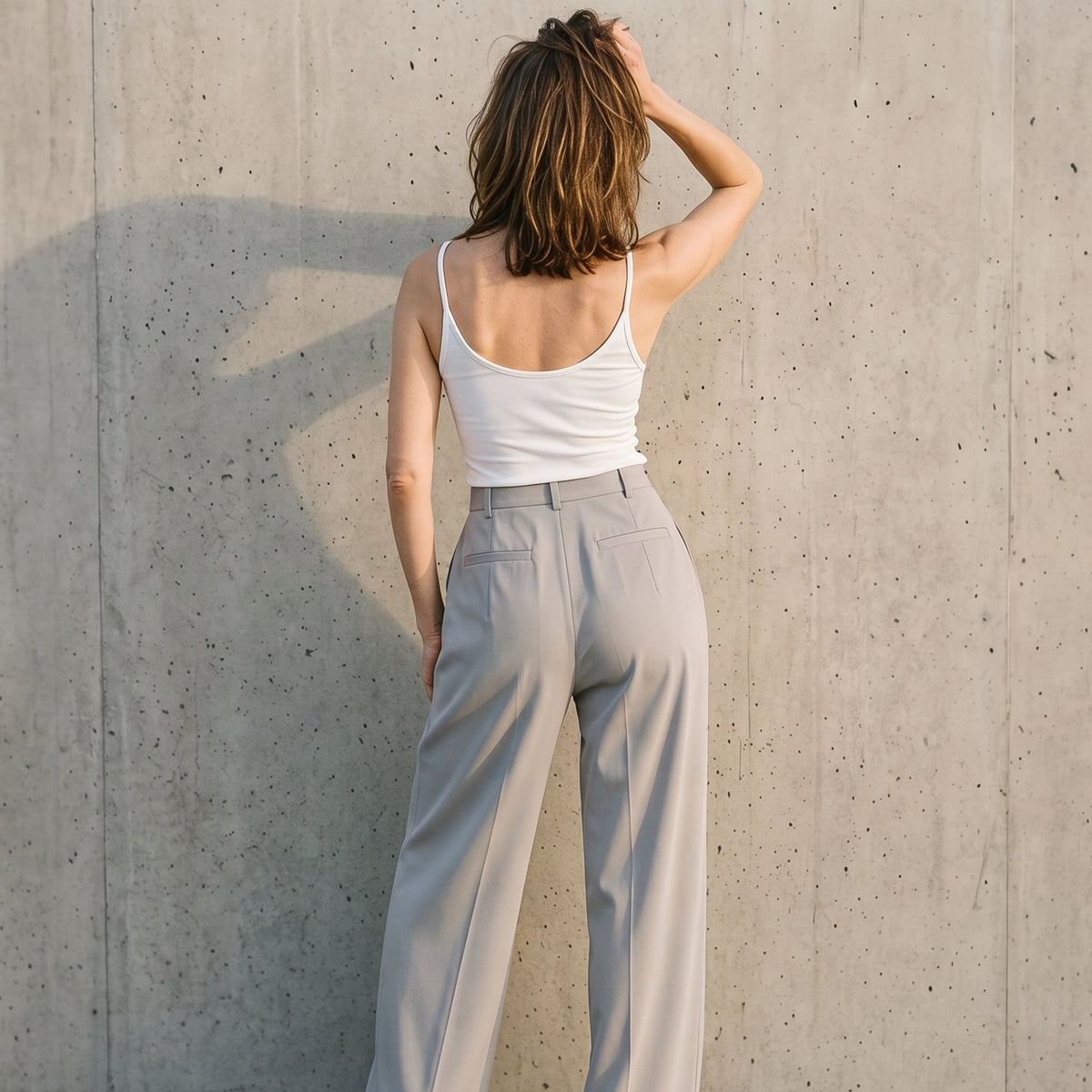 Back view of a white built-in bra camisole with a low scoop back, worn with black pants