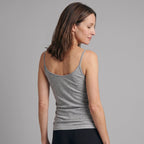 Back view of a melange grey built-in bra camisole with a low scoop back