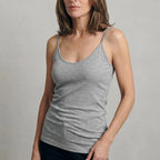Close-up of a melange grey ribbed built-in bra camisole showing the neckline and thin straps