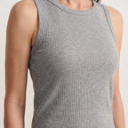 Close-up of melange grey ribbed fabric at the neckline and armhole of the built-in bra tank top