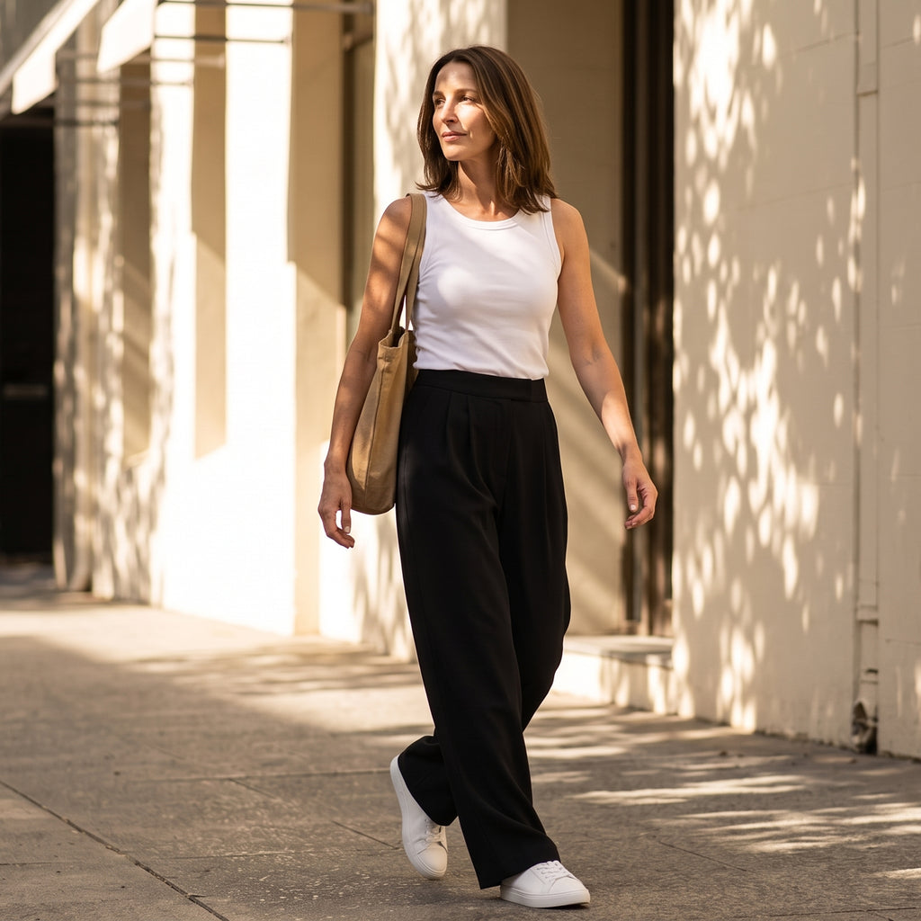 Woman walking in an off white built-in bra tank top and black wide-leg pants with a tan tote bag
