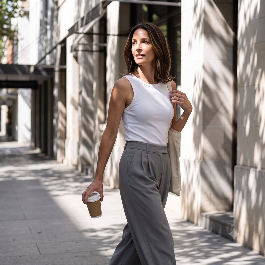 Off white built-in bra tank top with grey pleated pants, holding a takeaway coffee and a tote bag