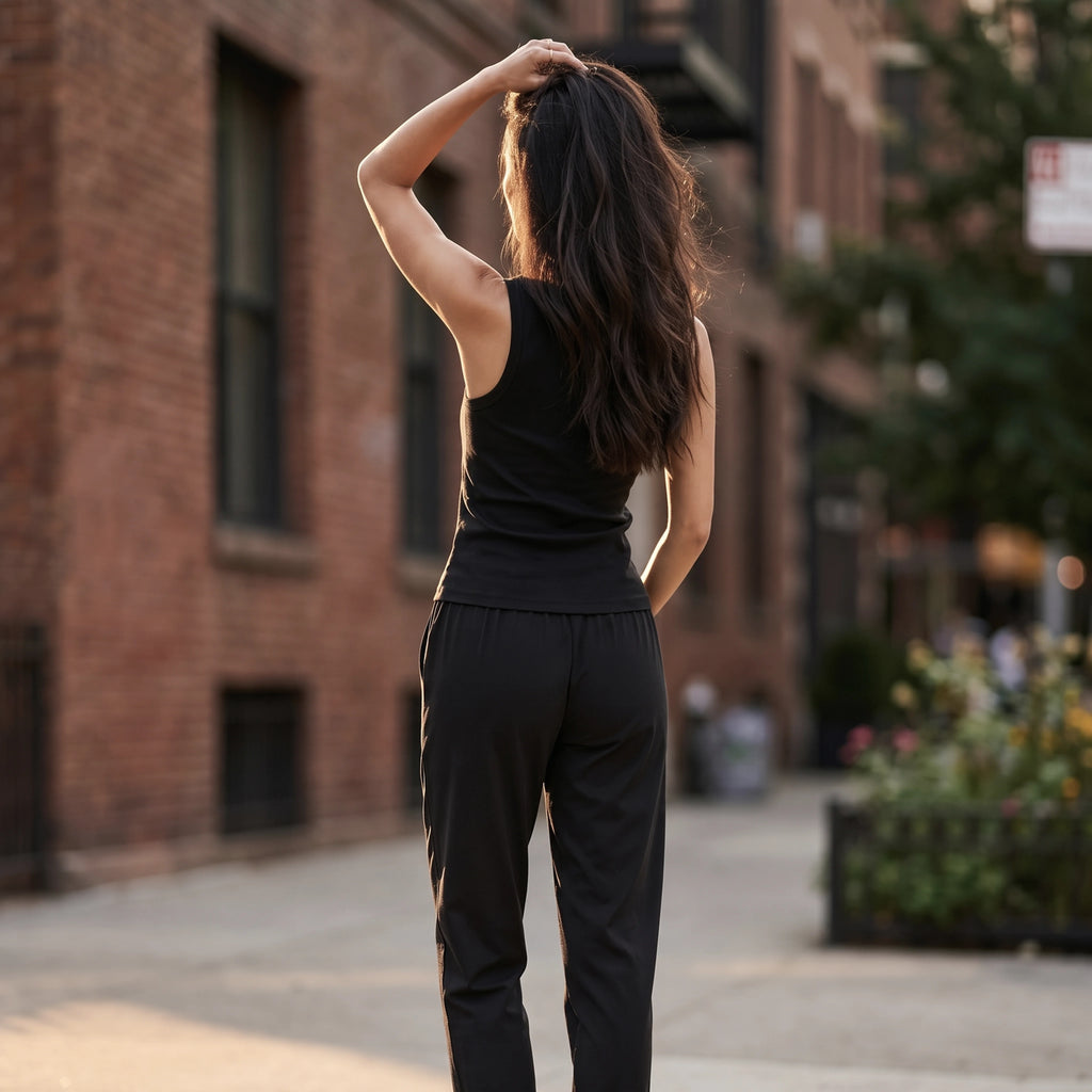 Back view of a black built-in bra tank top and black jogger pants in warm morning sunlight