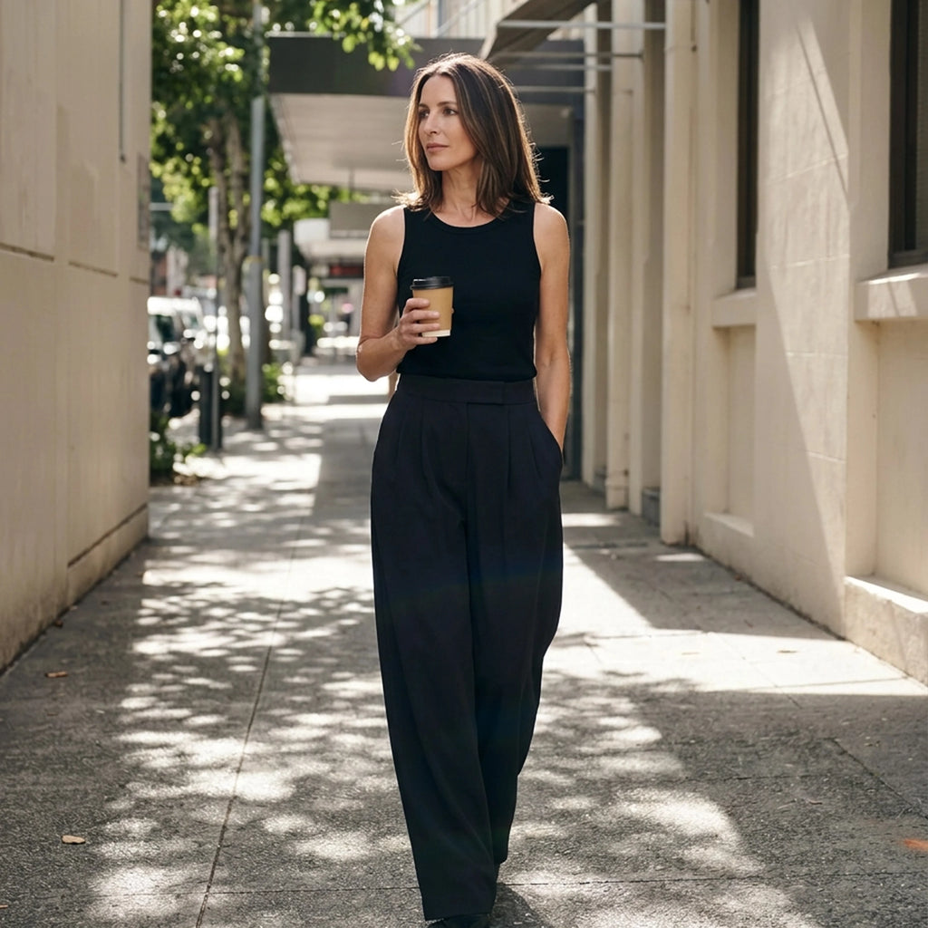 Black built-in bra tank top with black tailored pants, holding a takeaway coffee