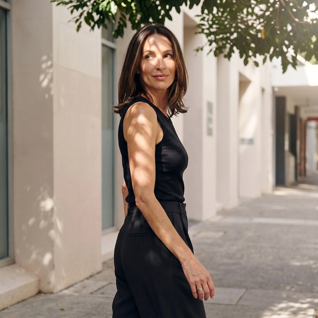 Black ribbed built-in bra tank top with black pleated pants, glancing over her shoulder in dappled sunlight